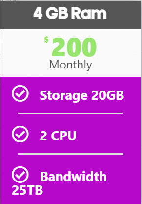 4 GB RAM - Storage 128 GB - 2 CPU - 25 TB Bandwidth