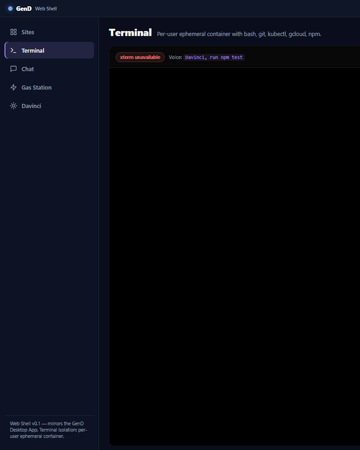 The Web Shell terminal mirrors the desktop client: bash, git, kubectl, gcloud and npm.
