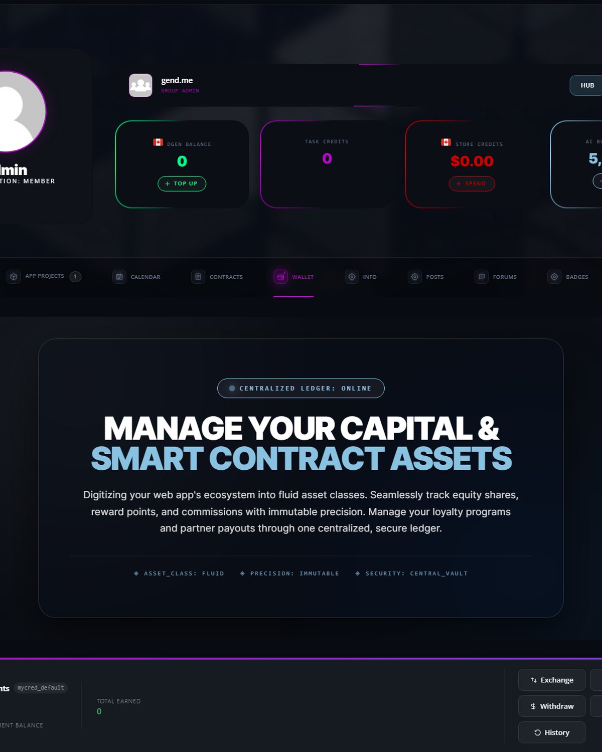 DGEN, task credits, store credits and AI tokens in your profile header.