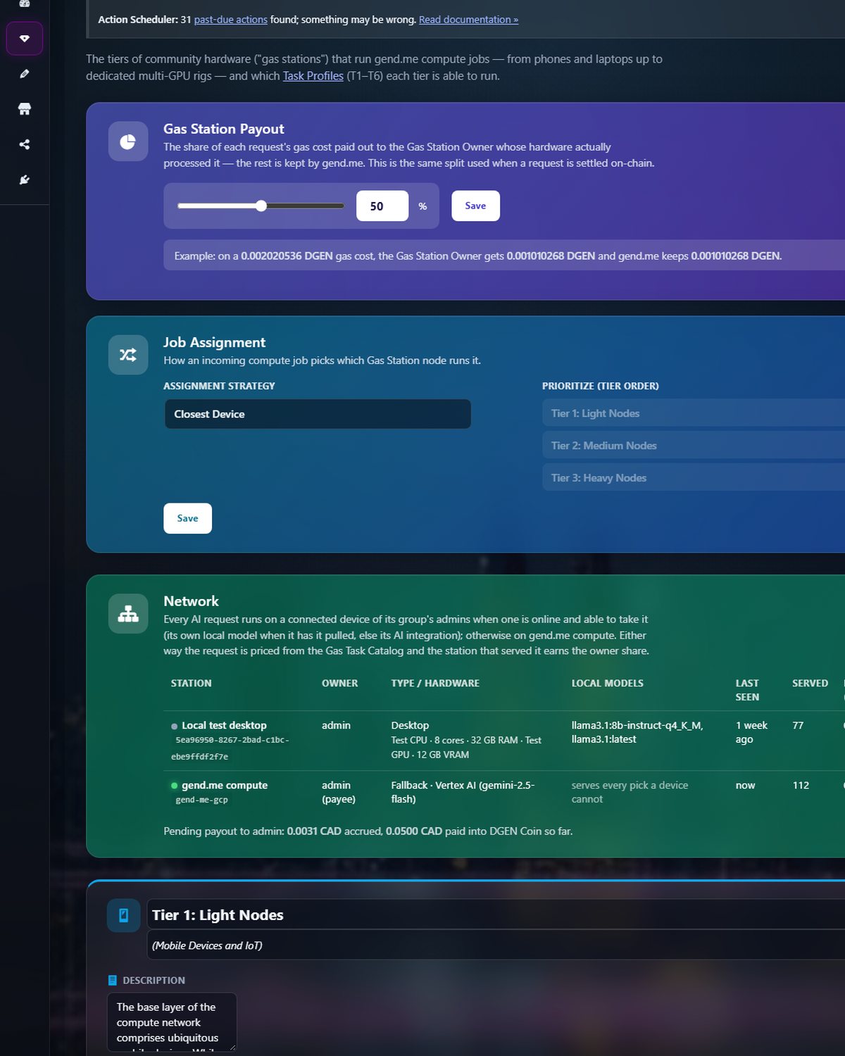 Payout split, job assignment by tier and the live node network.