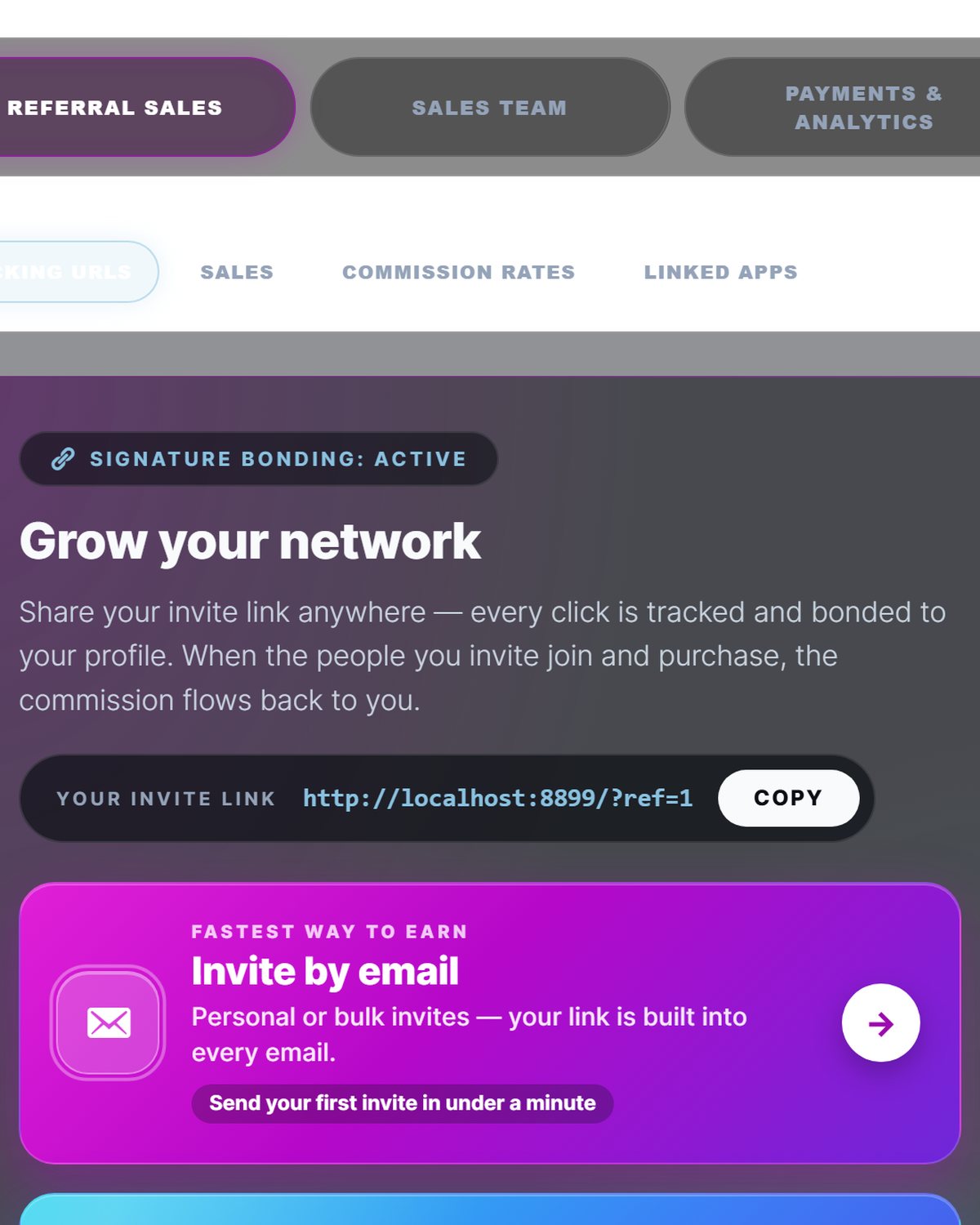 Your invite link, email invites and social sharing in one panel.