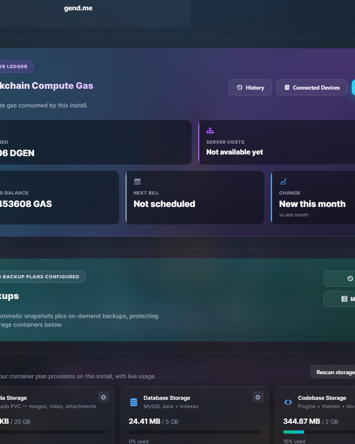 Compute gas, backups and storage panels for one web app.