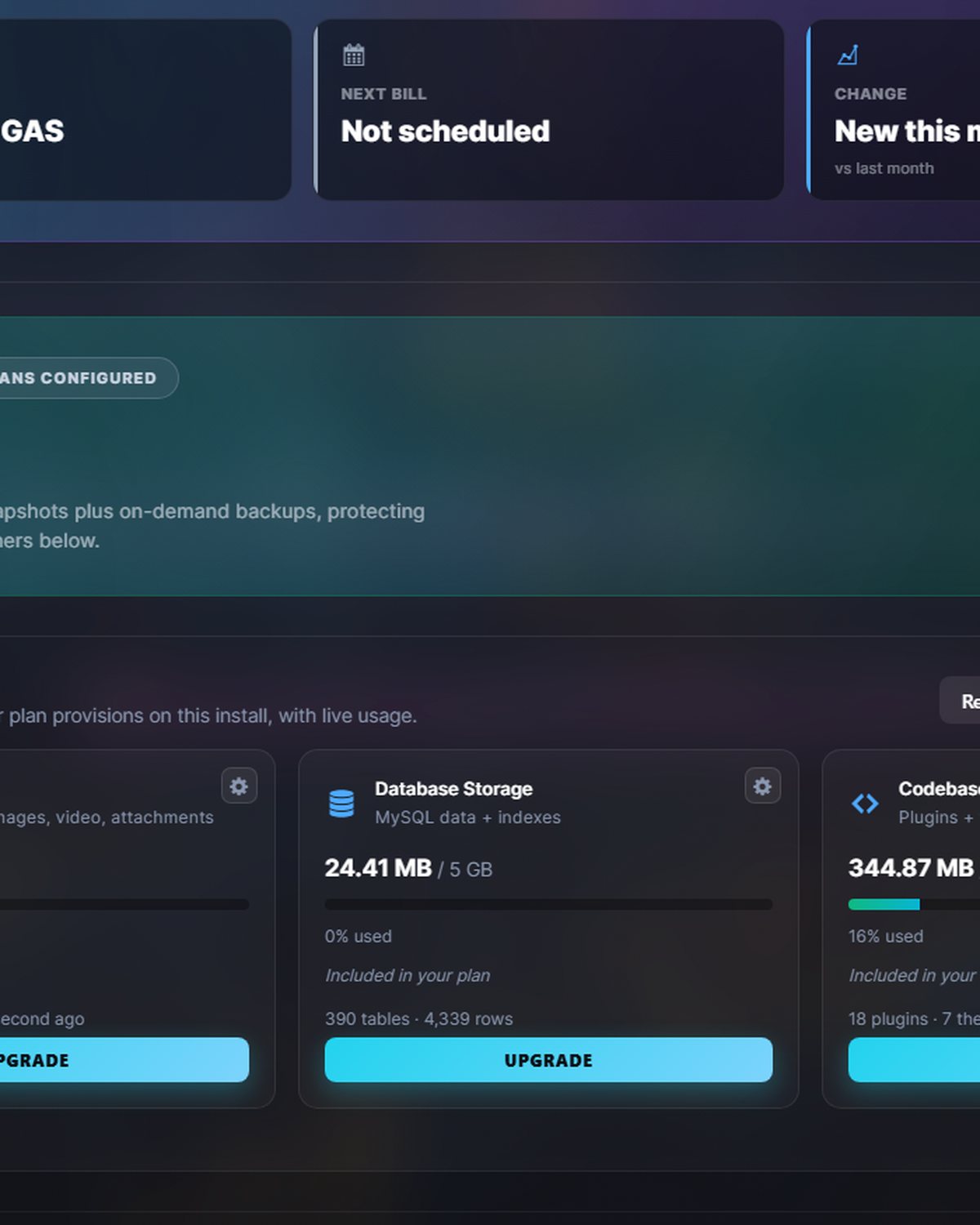 Media, database and codebase tiers with live usage and one-click upgrades.