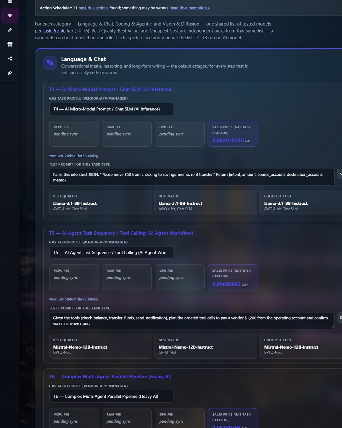 AI models and task profiles T4 to T6 with their GAS prices.