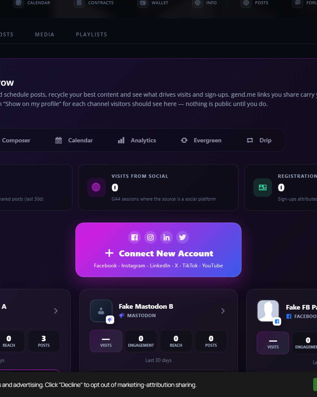 Channels, composer, calendar and analytics on your profile.