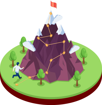 Isometric business journey path to success target on the top of mountain